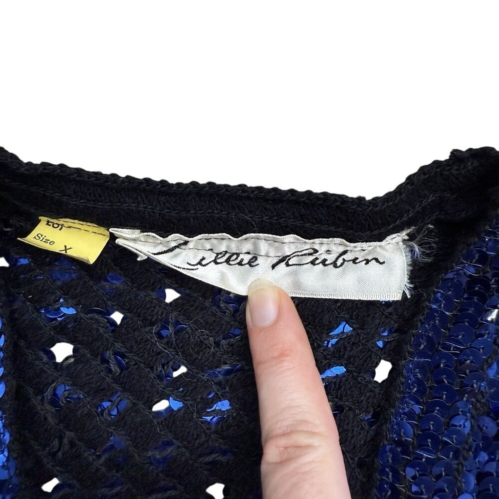 Vintage Lillie Rubin sequin sweater 80's Lightning Bolt Cobalt Blue Party - Picture 2 of 16
